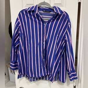 Zara blue pink and white stripe button down and pants